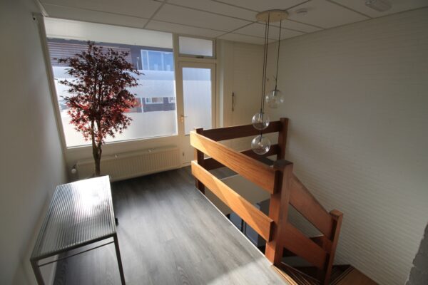 Overloop met houten trapleuning, modern hanglampje, kunstplant en een deur naar buiten aan de Nevadadreef.
