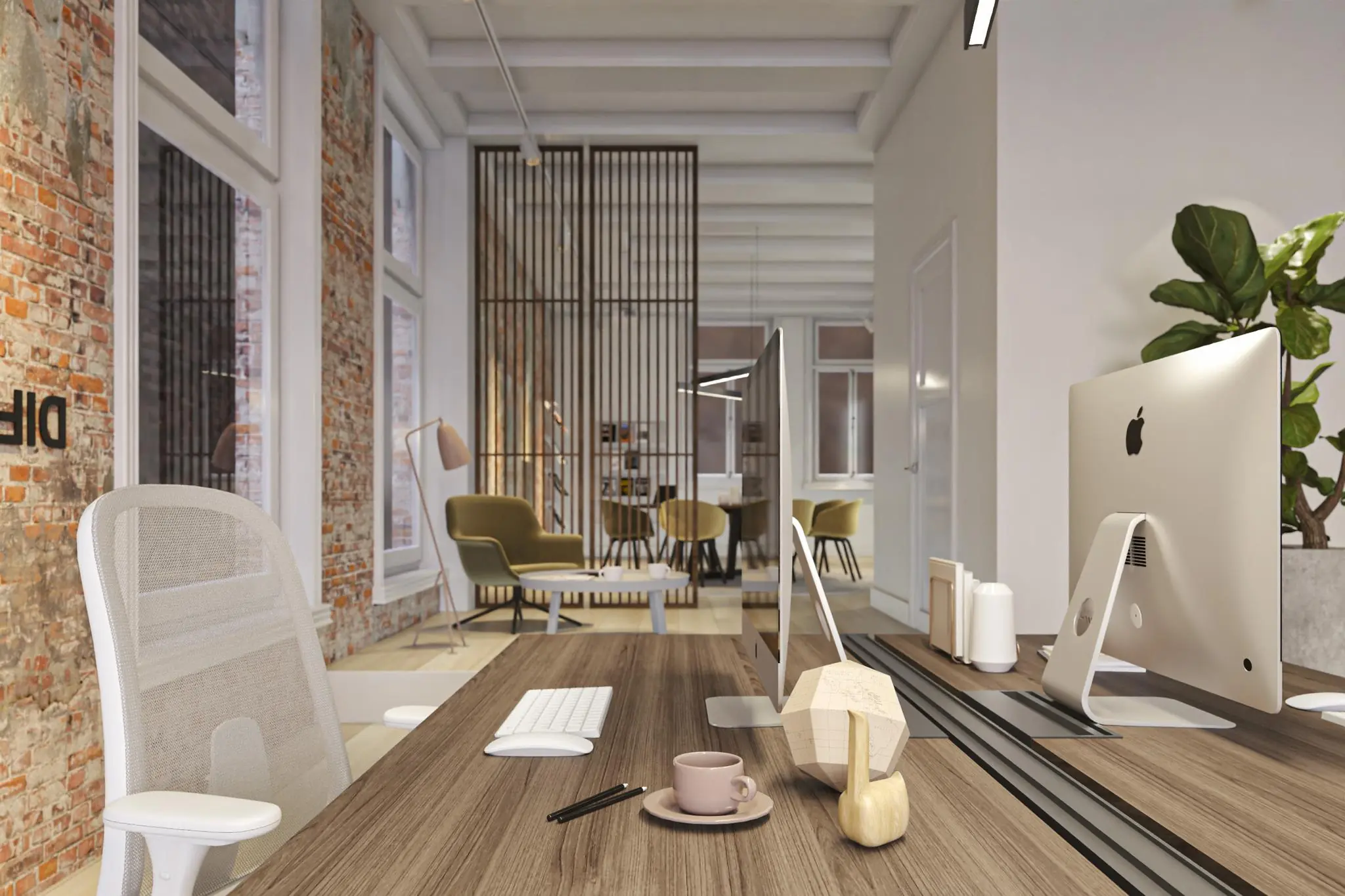 Modern kantoorinterieur aan het Rokin met houten bureaus, iMacs, designmeubilair en een industriële bakstenen muur.