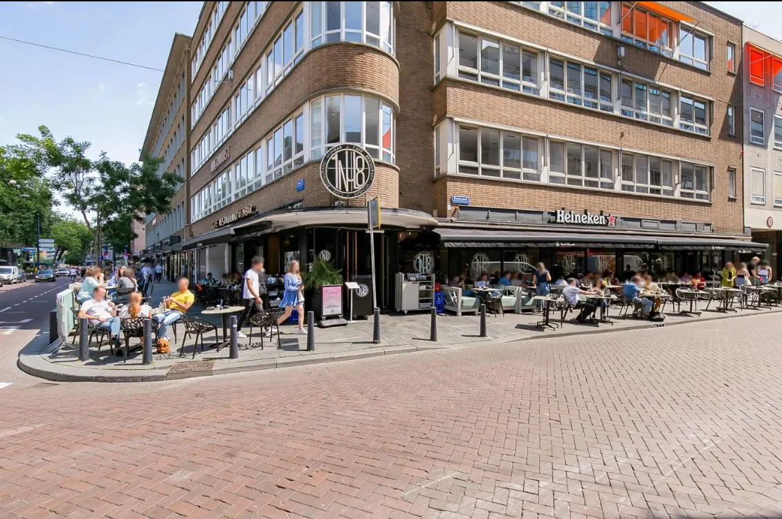 Terras van restaurant N8 aan de Meent in Rotterdam met etende en drinkende mensen op een zonnige dag.