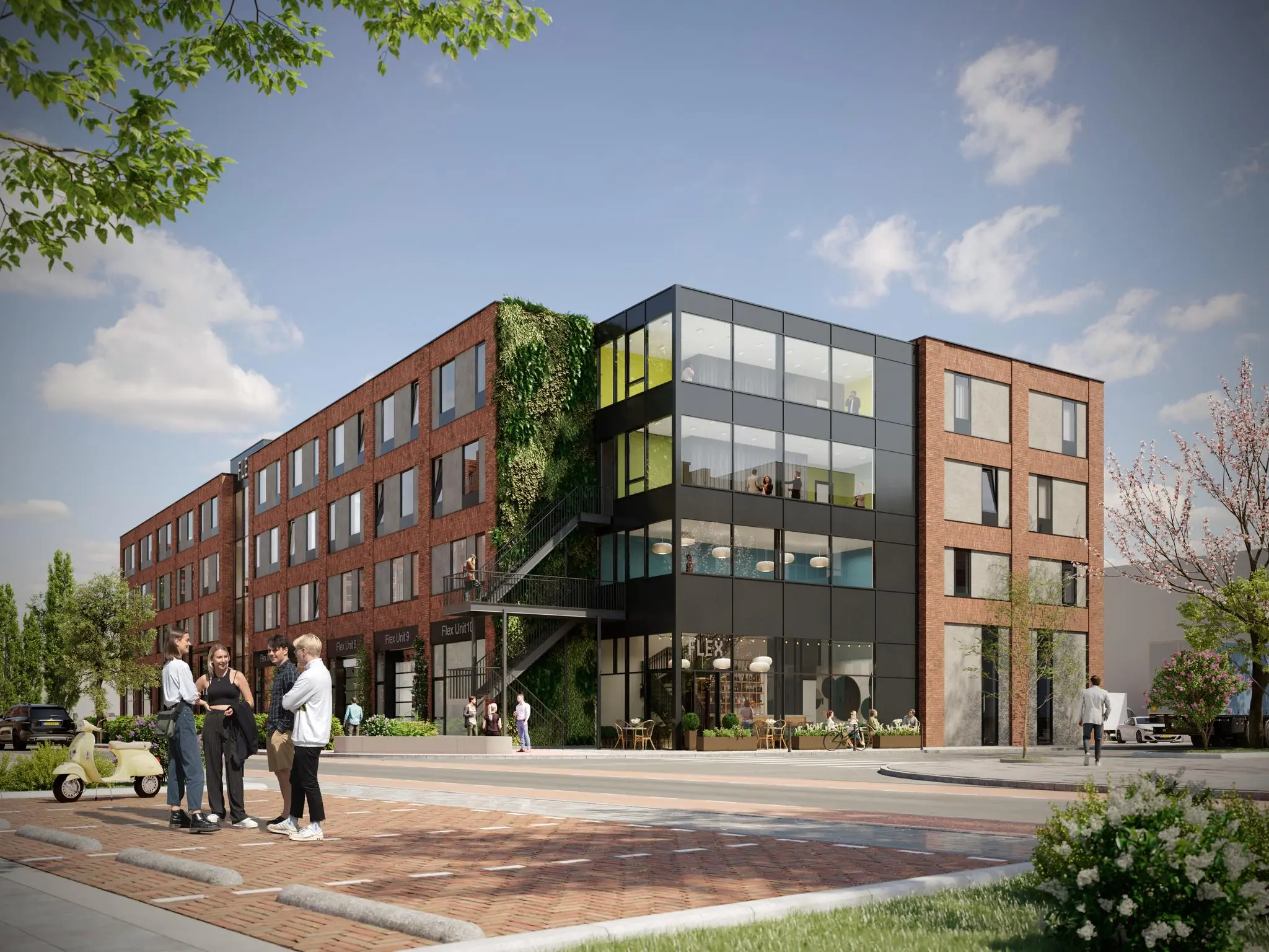 Modern kantoorpand aan de Treubstraat met bakstenen gevel, grote ramen en verticale groene wand, met mensen op straat op de voorgrond.
