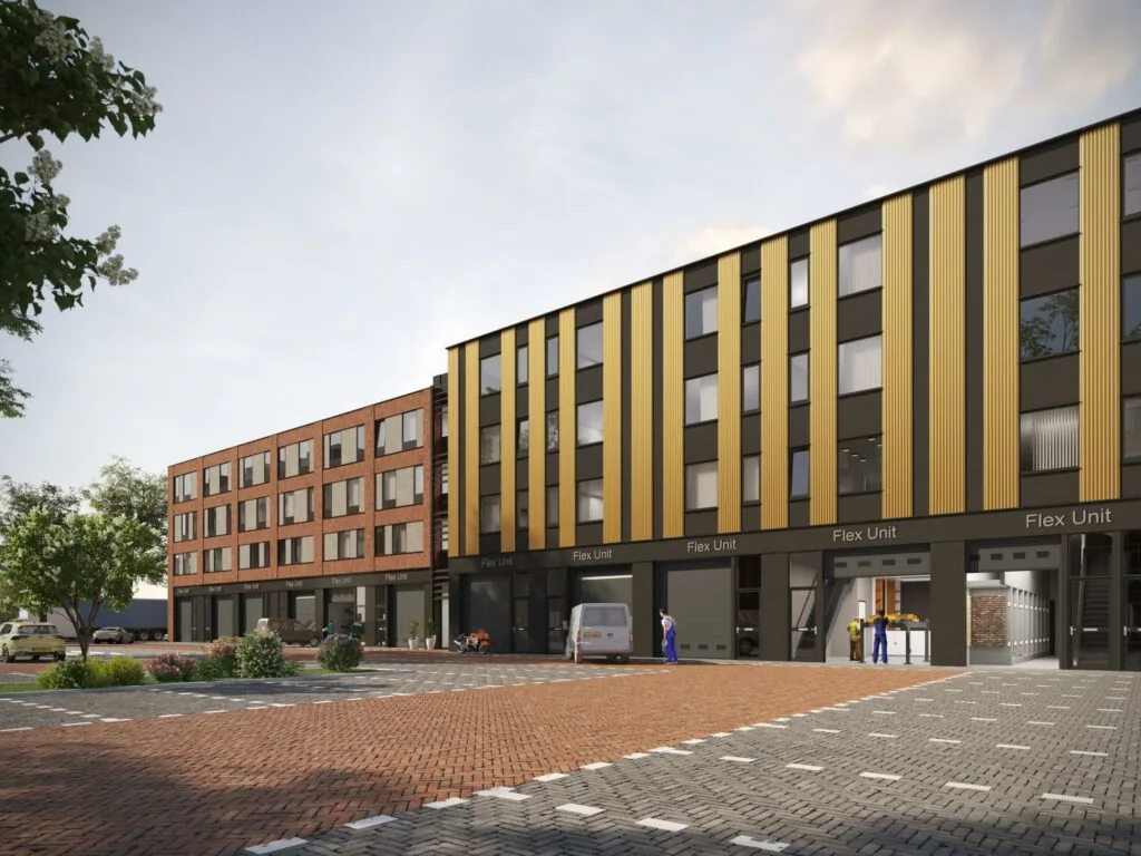 Nieuwbouwcomplex aan de Treubstraat met moderne flex units en woningen in een stedelijke omgeving.