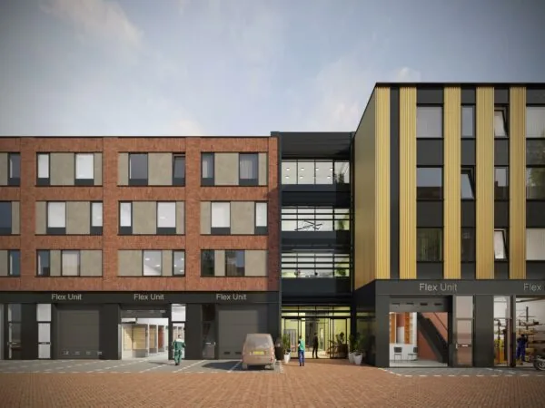 Moderne bedrijfspanden aan de Treubstraat met flexibele kantoorunits en grote ramen.