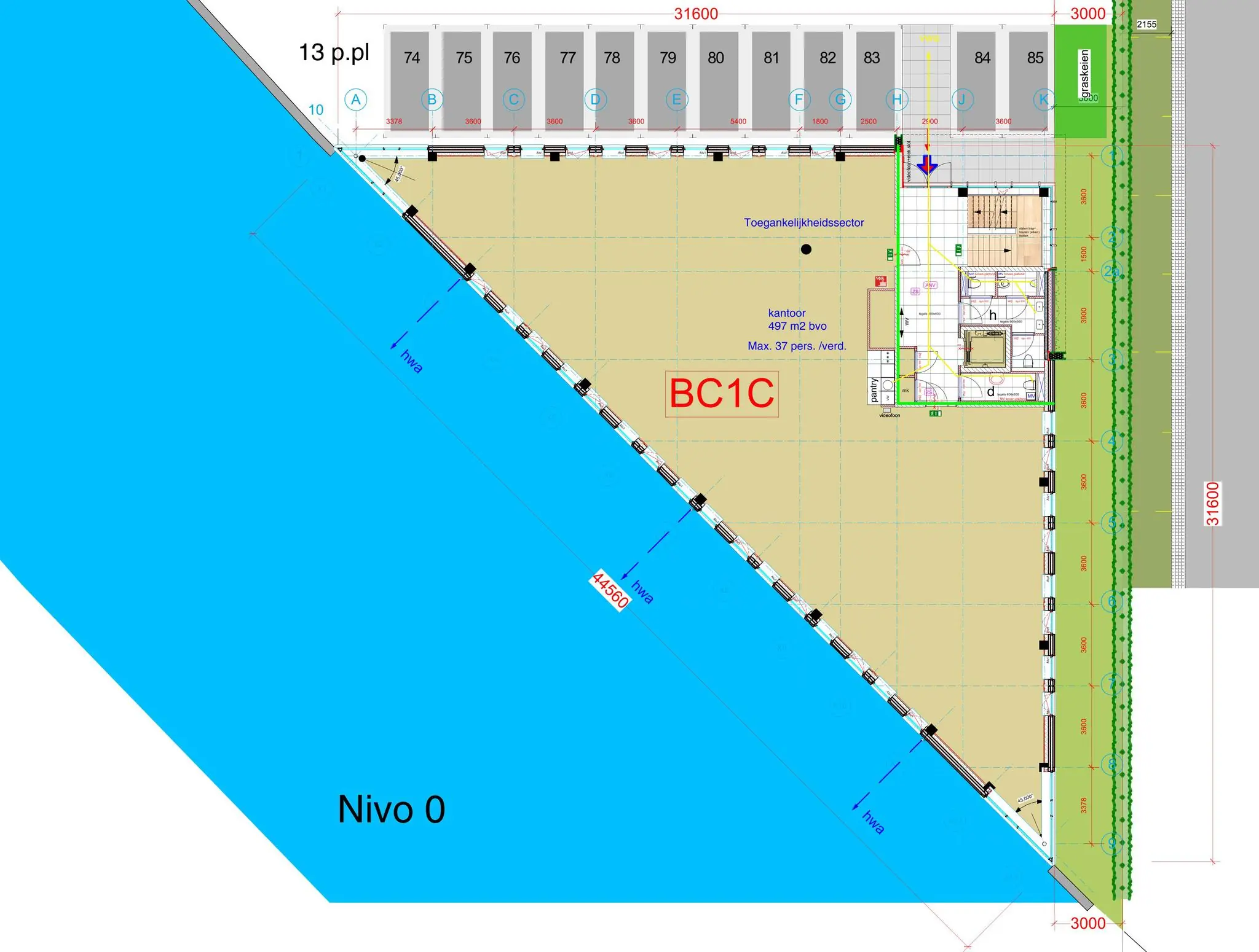 Plattegrond van bedrijfsunit BC1C aan de Kringloopweg met kantoorruimte, laadperrons en parkeervakken op niveau 0.
