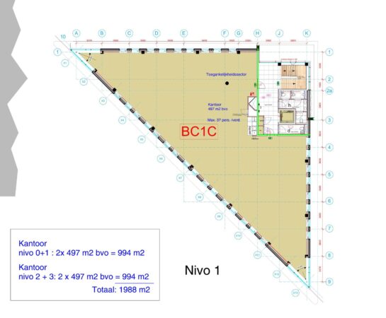 Plattegrond van kantoorruimte BC1C op niveau 1 aan de Kringloopweg met een oppervlakte van 497 m².