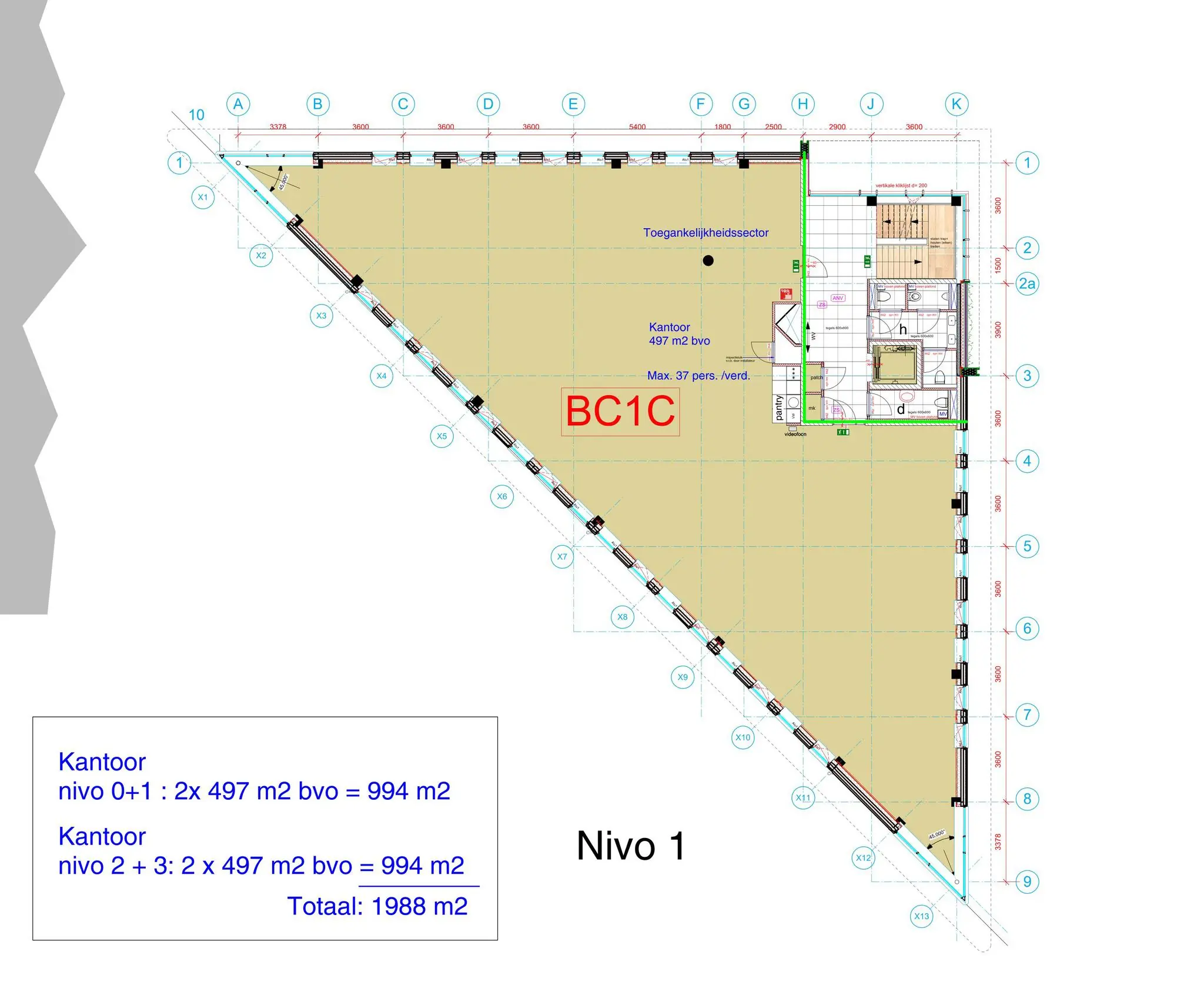 Plattegrond van kantoorruimte BC1C op niveau 1 aan de Kringloopweg met een oppervlakte van 497 m².