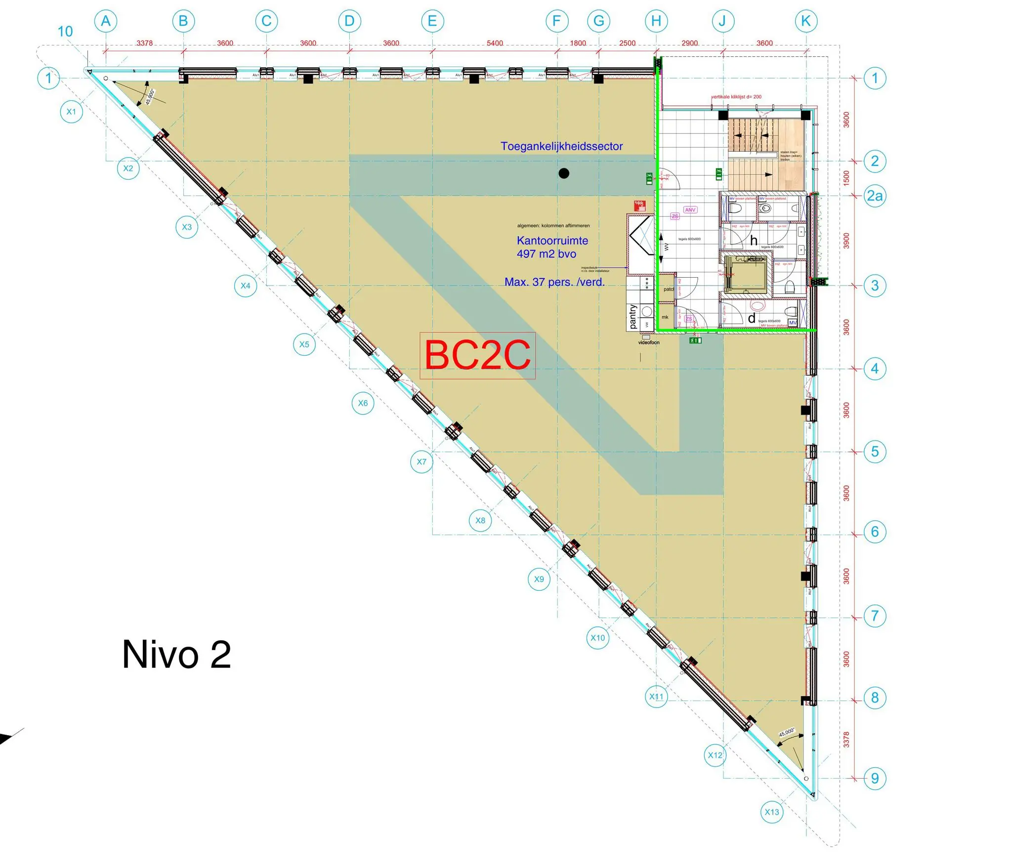 Plattegrond van de tweede verdieping (Nivo 2) van een kantoorruimte aan de Kringloopweg met aanduiding van voorzieningen en maximaal aantal personen.