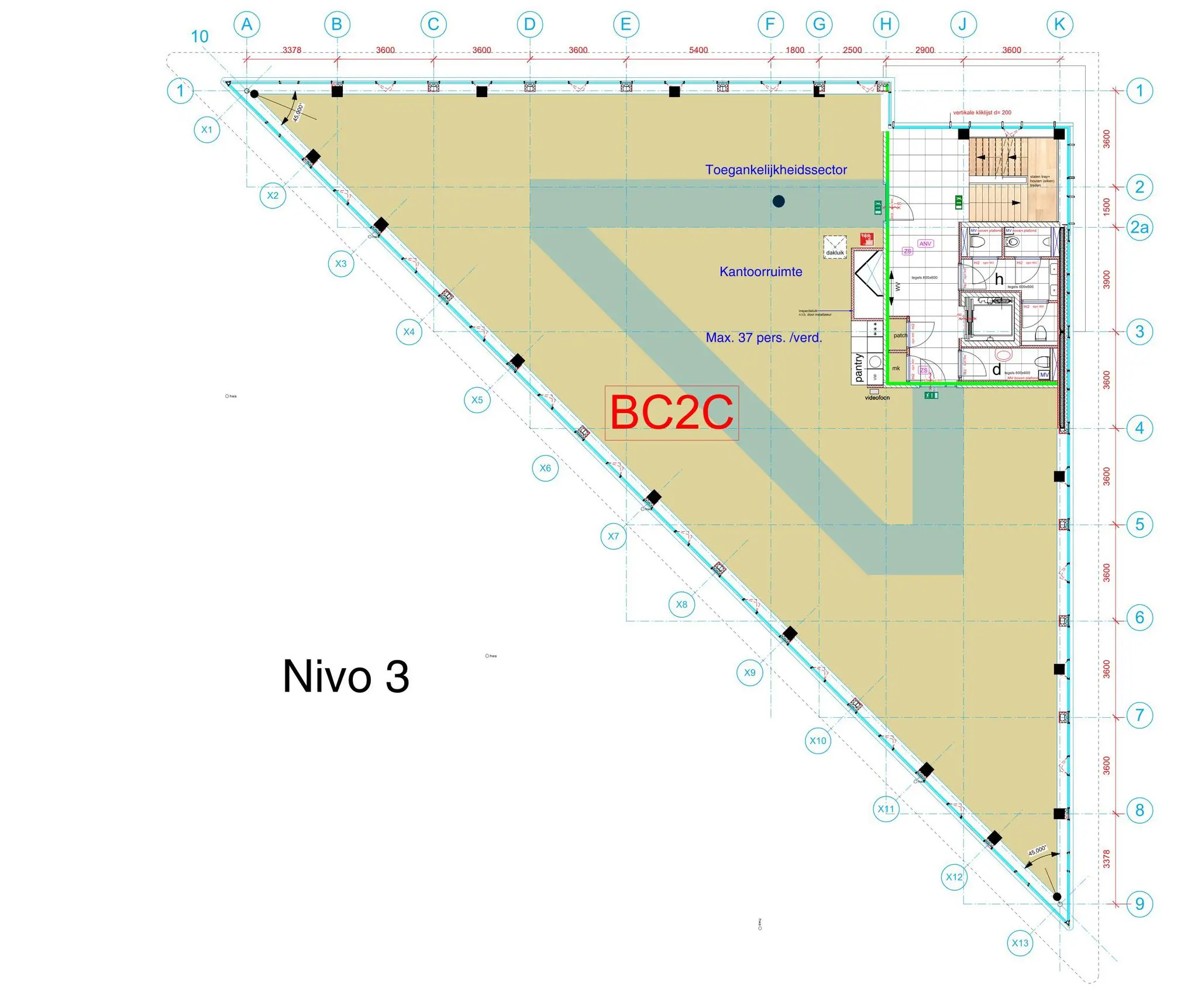 Plattegrond van niveau 3 van gebouw BC2C aan de Kringloopweg met kantoorruimte, toiletten en toegankelijkheidssector.