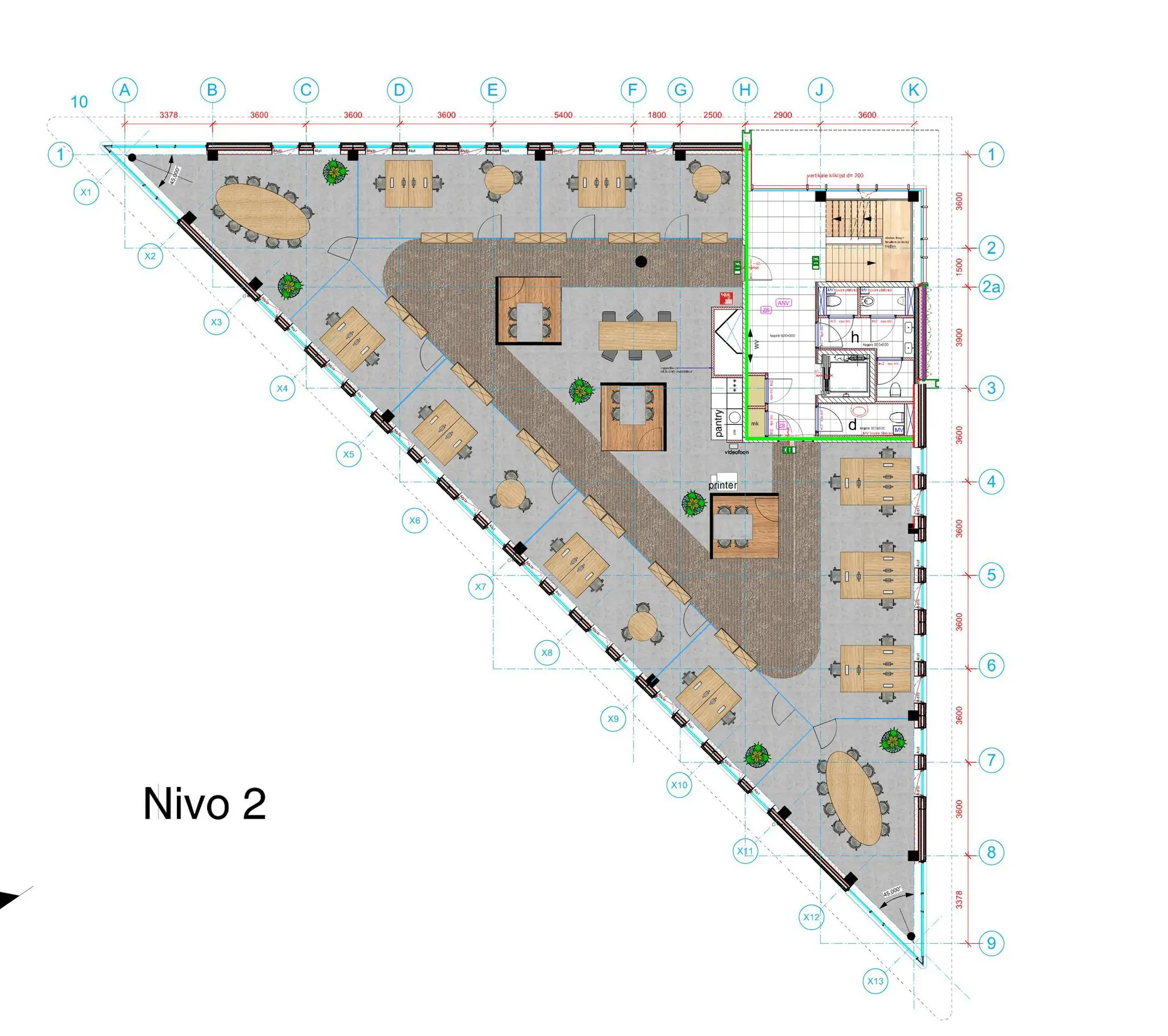 Plattegrond van de tweede verdieping van een kantoor aan de Kringloopweg, met werkplekken, vergaderruimtes en sanitaire voorzieningen.
