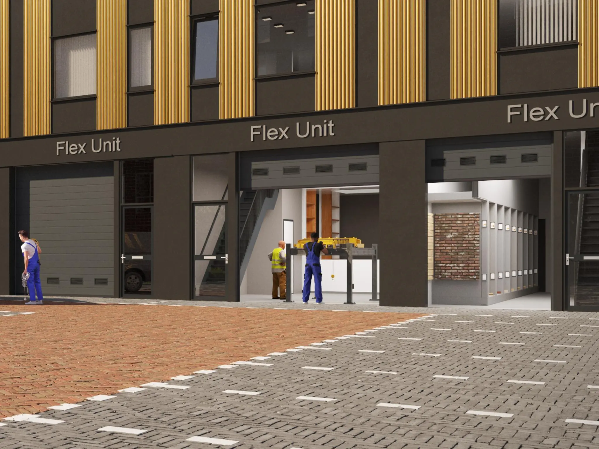 Drie mensen werken buiten en binnen in moderne bedrijfsunits aan de Treubstraat met de naam "Flex Unit" op de gevel.