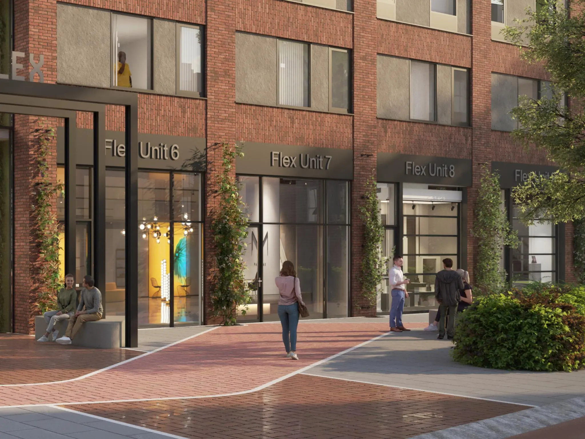 Mensen lopen en zitten voor de Flex Units 6 tot en met 8 aan de Treubstraat in een moderne, bakstenen straatomgeving.