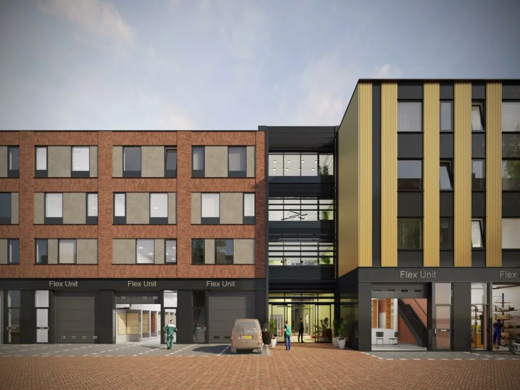 Moderne bedrijfsgebouwen aan de Treubstraat met flexibele werkunits en een centraal glazen entreegedeelte.