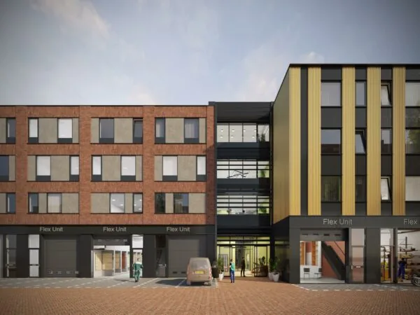 Moderne bedrijfsgebouwen aan de Treubstraat met flexibele werkunits en een centraal glazen entreegedeelte.