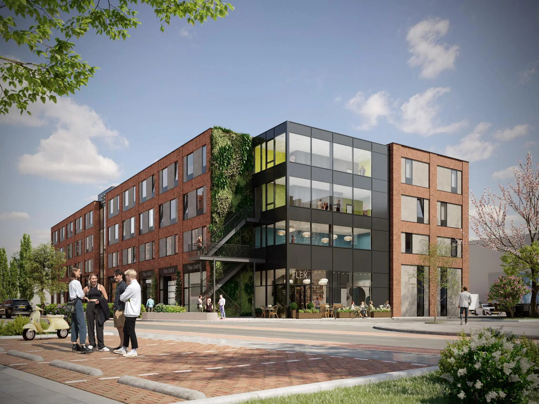 Modern kantoorgebouw aan de Treubstraat met bakstenen gevel, grote ramen en een groene gevelpartij.