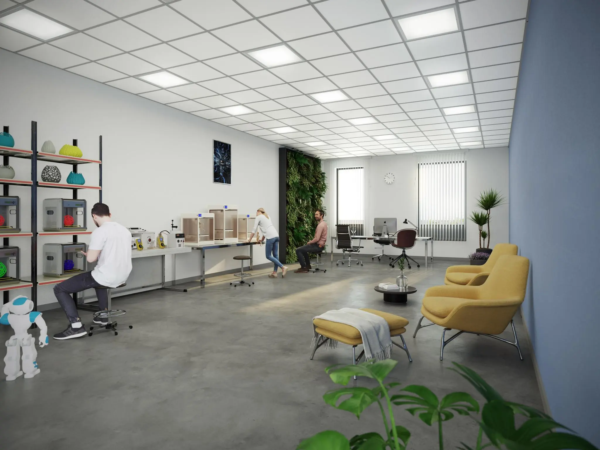 Moderne werkruimte aan de Treubstraat met 3D-printers, een groene wand en een zithoek met gele stoelen.