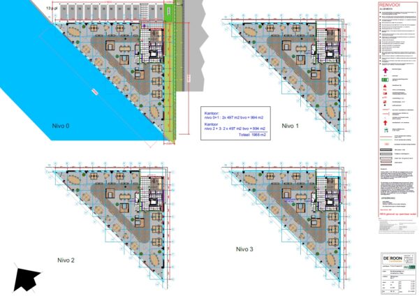 Plattegrondtekening van een kantoorgebouw aan de Kringloopweg met vier niveaus in driehoekige indeling.
