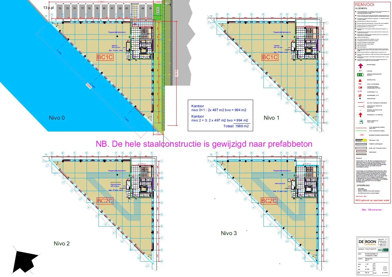 Bouwtekening met vier verdiepingniveaus van een driehoekig kantoorgebouw aan de Kringloopweg, met aanduiding van prefabbetonconstructie.