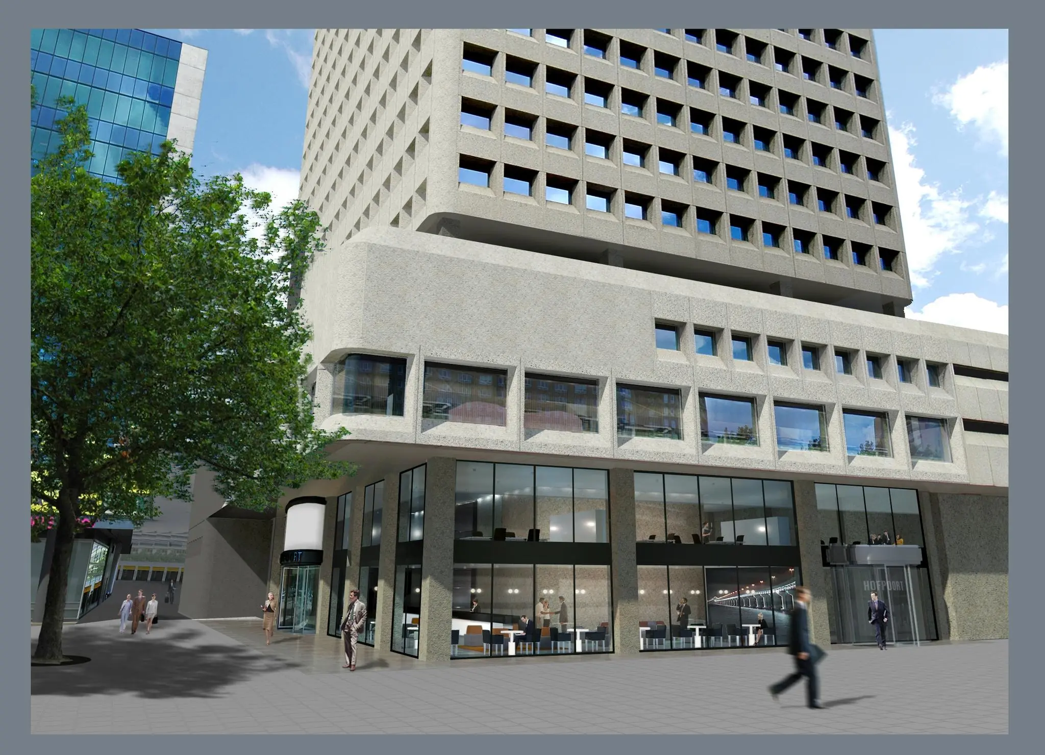 Straatbeeld van het Hofplein in Rotterdam met een modern kantoorgebouw en voorbijgangers.