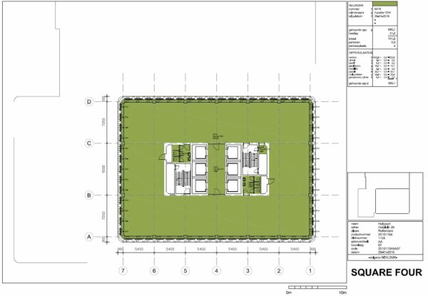 Plattegrond van een verdieping in gebouw Hofplein 20 in Rotterdam met centrale kern en omliggende kantoorruimte.