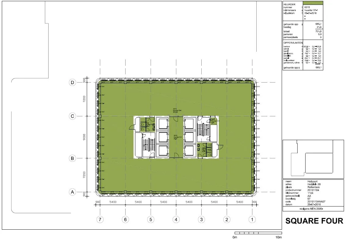 Plattegrond van een verdieping in gebouw Hofplein 20 in Rotterdam met centrale kern en omliggende kantoorruimte.