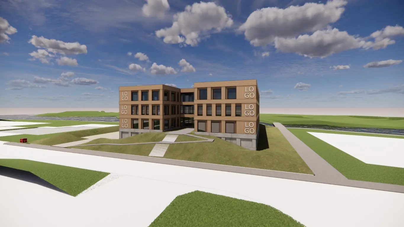 Moderne kantoorontwikkeling aan de Ptolemaeuslaan met een symmetrisch gebouwontwerp en grote ramen.