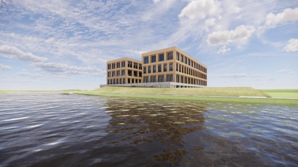 Architectonische visualisatie van een modern kantoorgebouw aan de Ptolemaeuslaan met uitzicht op het water.