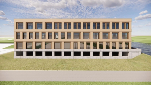 Architectonische render van een modern, rechthoekig kantoorgebouw aan de Ptolemaeuslaan met grote ramen en een betonnen sokkel aan het water.