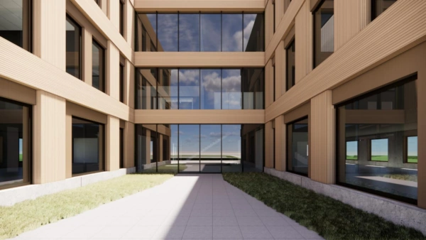 Binnenplaats van een modern kantoorgebouw aan de Ptolemaeuslaan met houten gevelbekleding en grote glazen ramen.