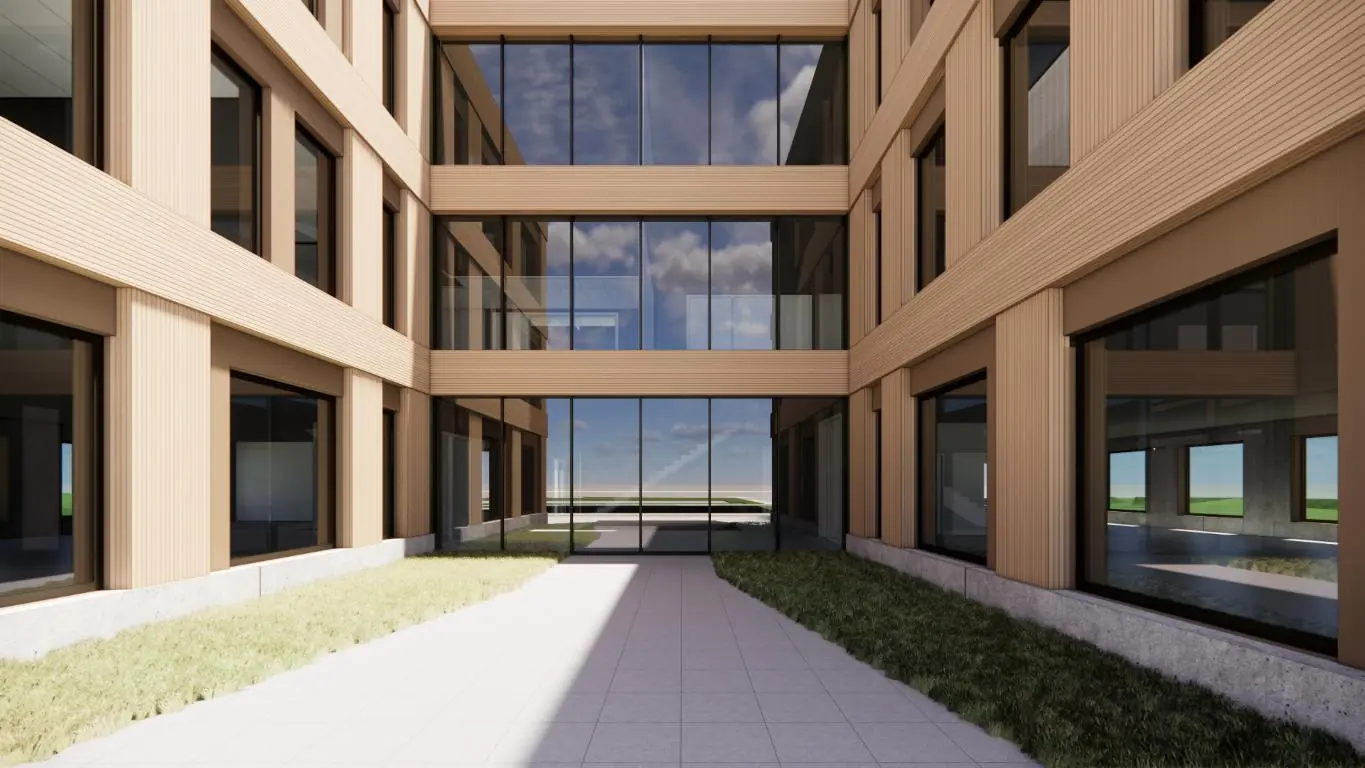 Binnenplaats van een modern kantoorgebouw aan de Ptolemaeuslaan met houten gevelbekleding en grote glazen ramen.