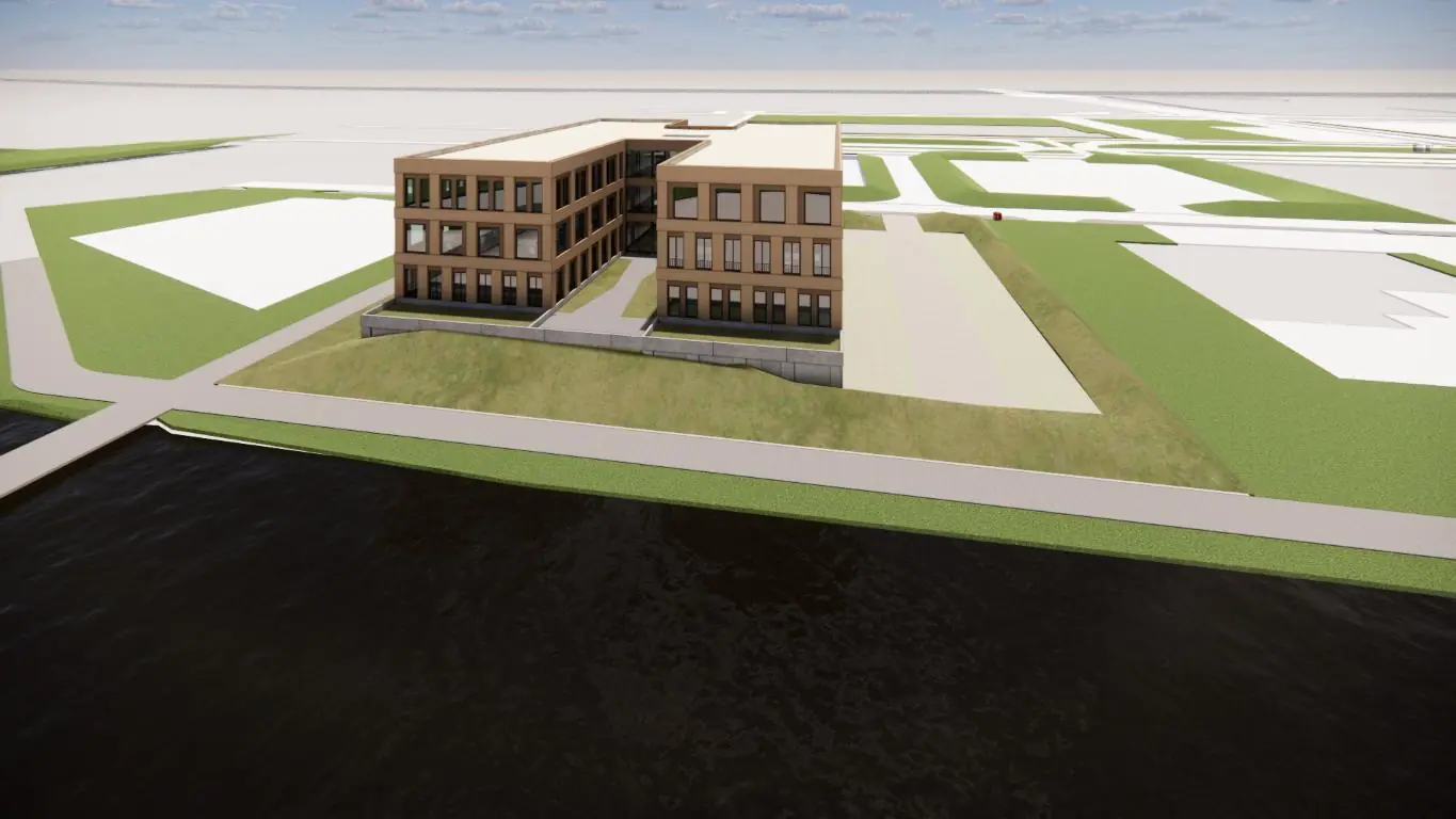 3D-impressie van een modern gebouw aan de Ptolemaeuslaan, gelegen aan het water met omliggende infrastructuur.