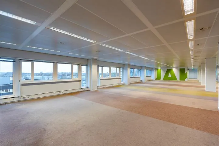 Lege kantoorruimte aan de Europalaan met grote ramen, systeemplafond en tapijtvloer in verschillende kleuren.