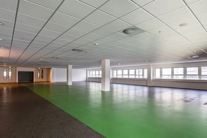Ruime, lege kantoorruimte aan de Eendrachtlaan met groen en donker tapijt en grote ramen.
