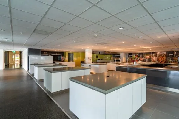 Moderne bedrijfskeuken met meerdere kookeilanden en een strakke, professionele uitstraling aan de Eendrachtlaan.