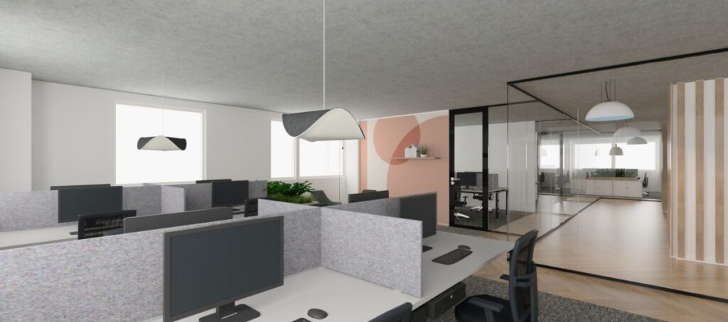 Modern kantoorinterieur aan de Overschiestraat met werkplekken, glazen vergaderruimte en stijlvolle verlichting.