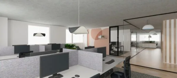 Modern kantoorinterieur aan de Overschiestraat met werkplekken, glazen vergaderruimte en stijlvolle verlichting.