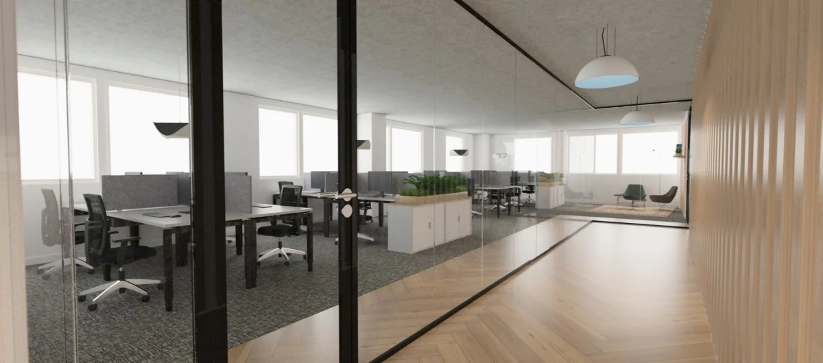 Moderne kantooruimte aan de Overschiestraat met glazen wanden, werkplekken en een loungehoek.