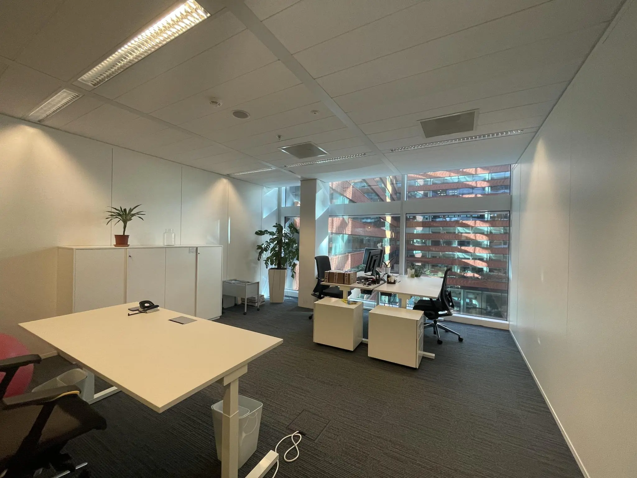 Modern kantoorinterieur aan de Parnassusweg met twee bureaus, kasten, planten en uitzicht op een tegenoverliggend kantoorgebouw.