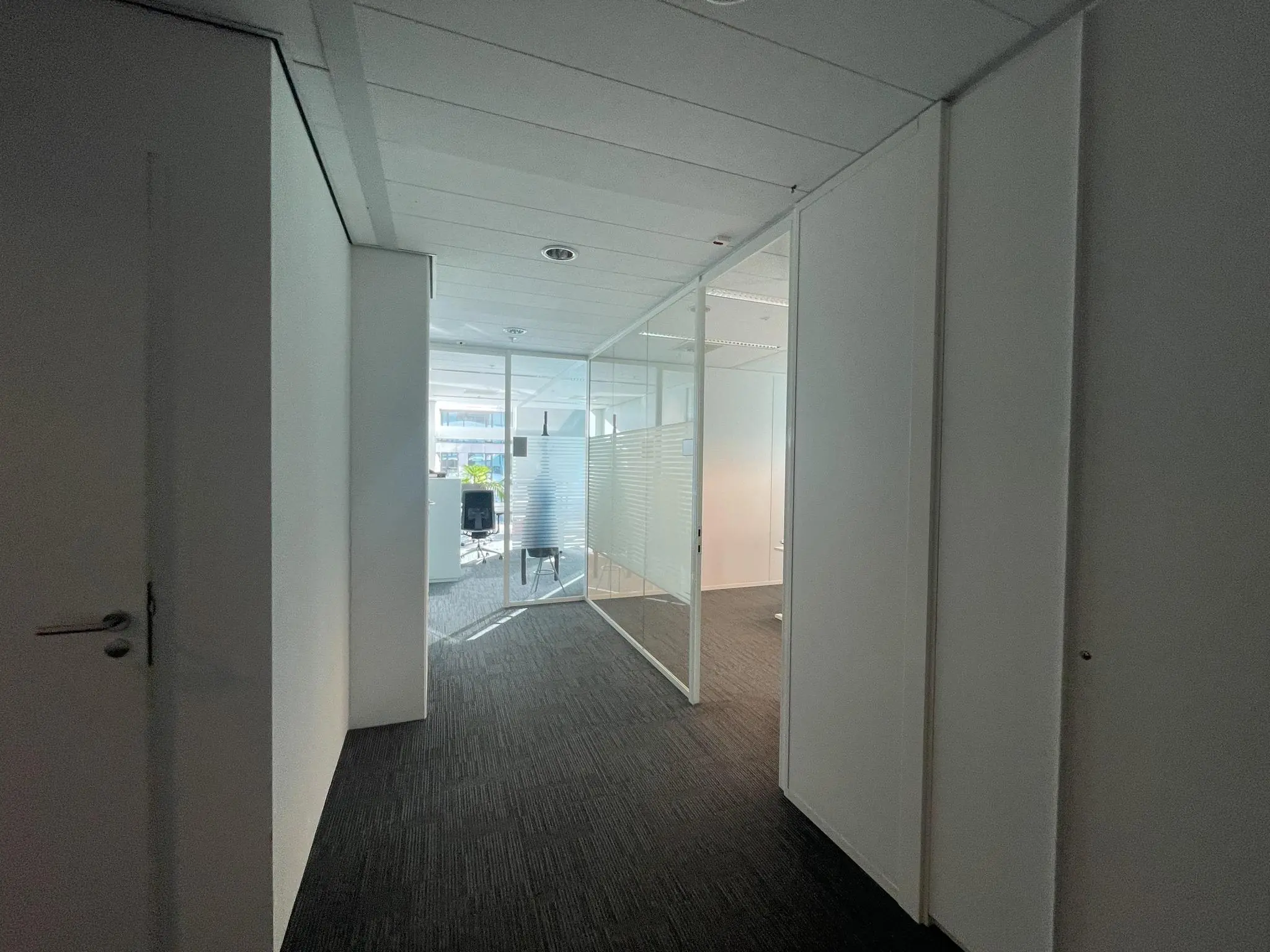 Verlichte gang in een modern kantoorpand aan de Parnassusweg met glazen scheidingswanden en zicht op een vergaderruimte.