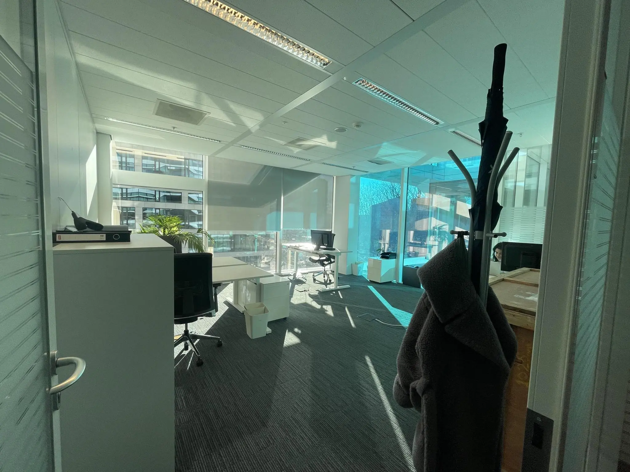 Modern kantoor aan de Parnassusweg met bureaus, stoelen en grote ramen die veel daglicht binnenlaten.