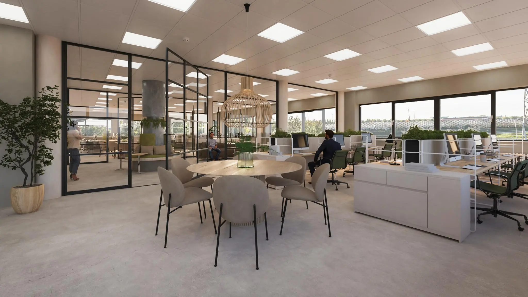 Moderne, open kantoorruimte aan de Zonnebaan met werkplekken, vergadertafel en veel daglicht.