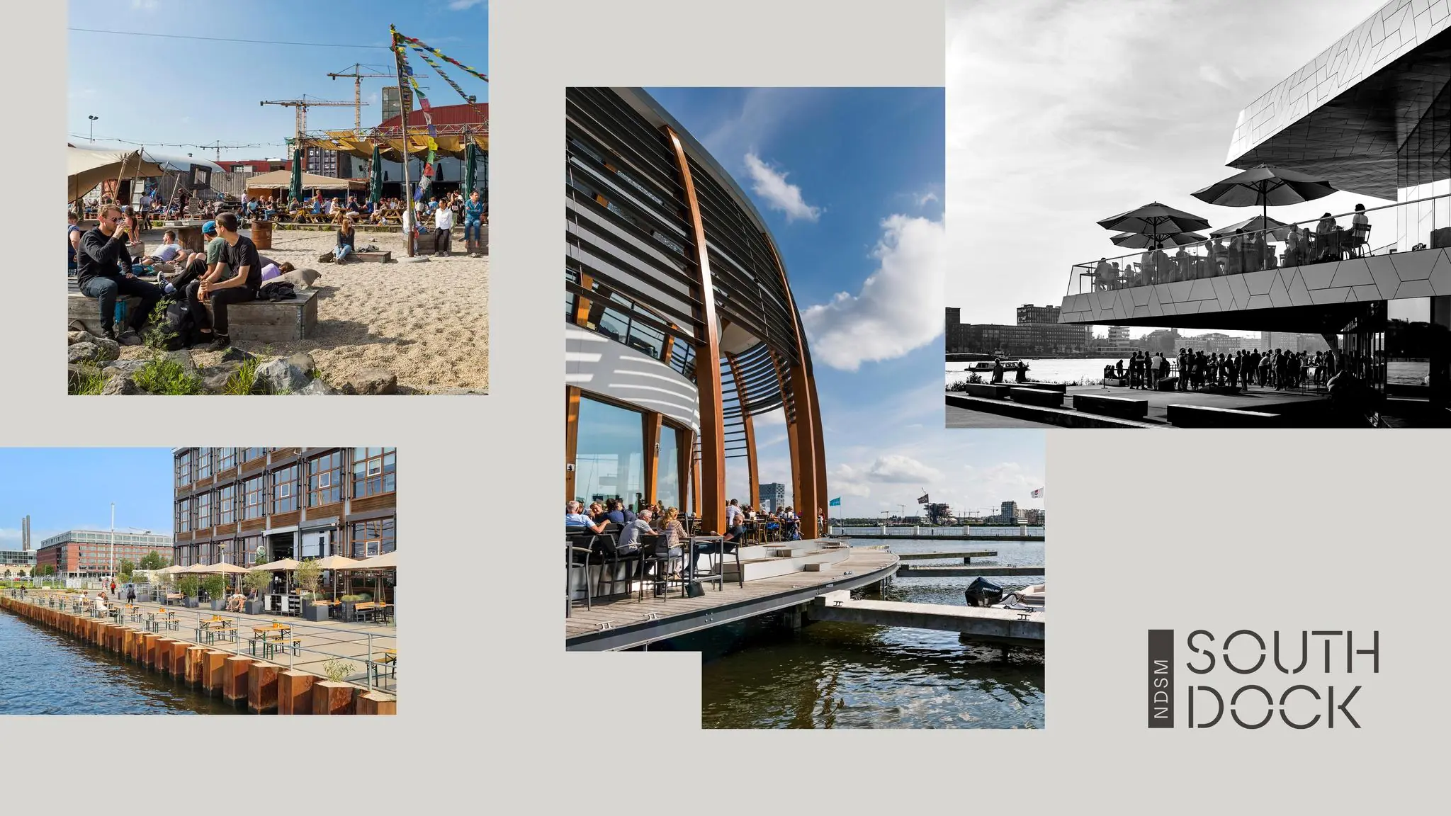 Collage van levendige terrassen en moderne gebouwen aan het water op de NDSM-werf in Amsterdam.