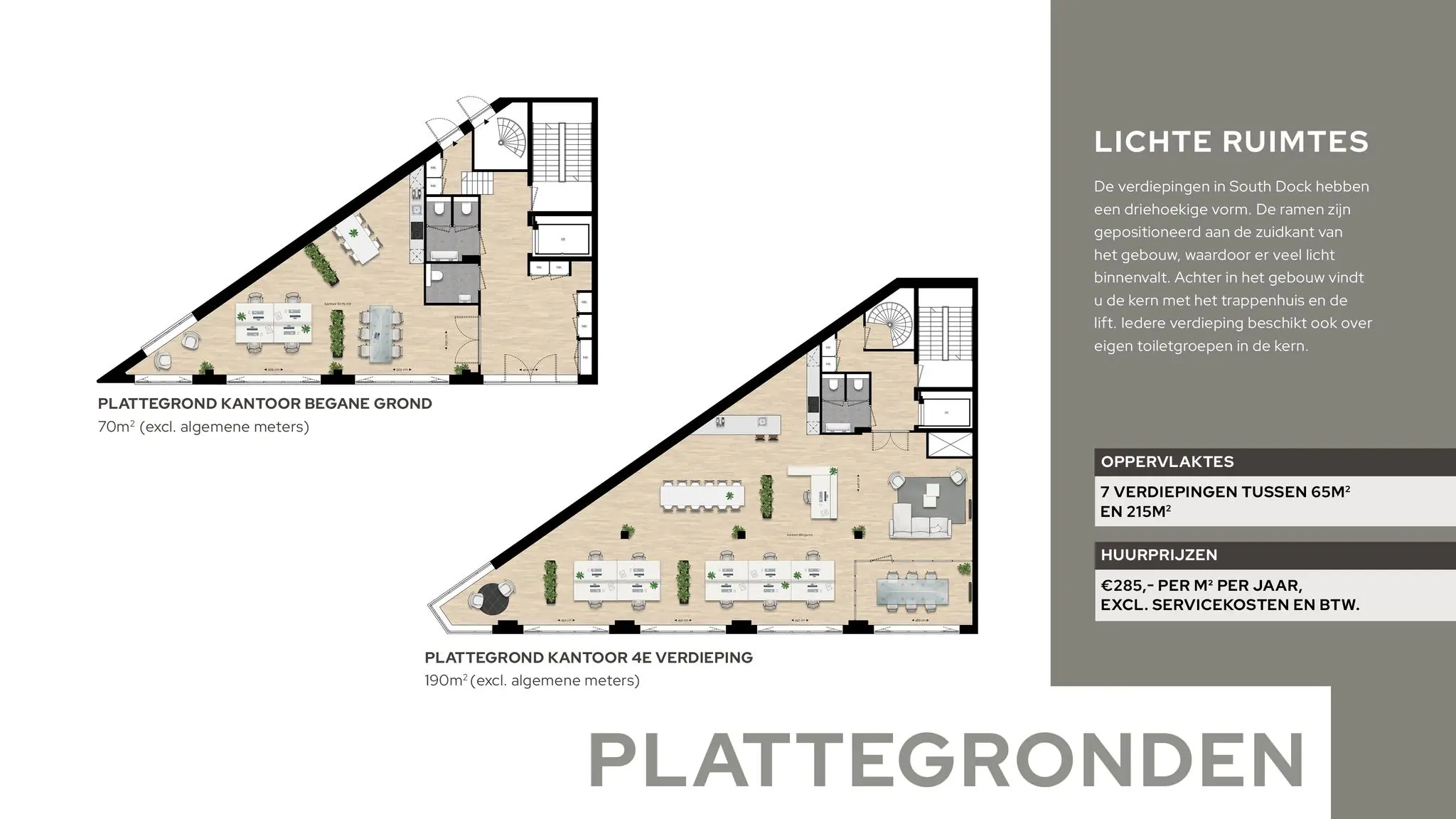 Twee plattegronden van kantoorruimtes in het driehoekige gebouw South Dock aan de NDSM-pier, met informatie over lichtinval, oppervlakten en huurprijzen.