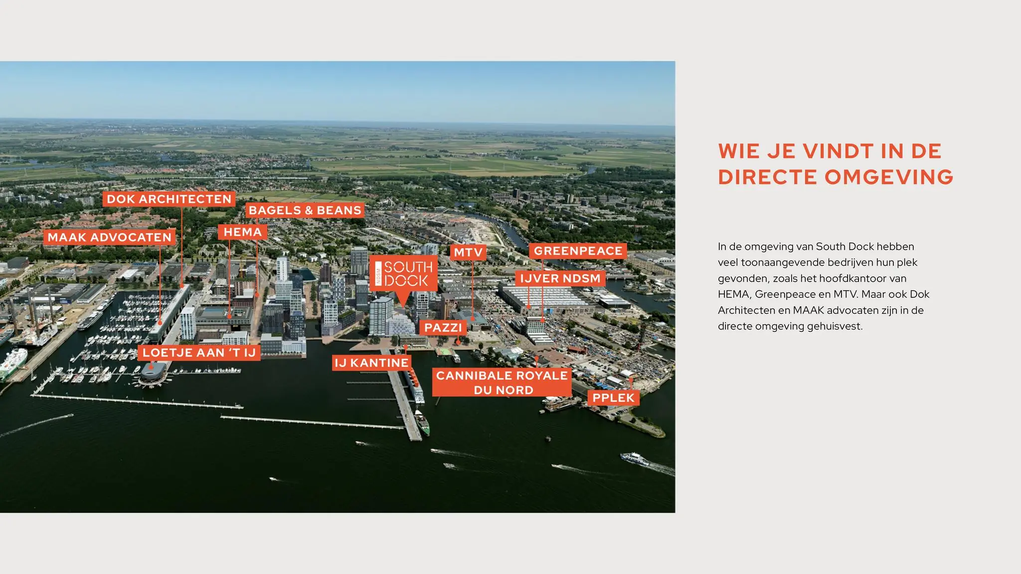 Luchtfoto van de NDSM-pier in Amsterdam met aanduiding van nabijgelegen bedrijven en hotspots rondom South Dock.