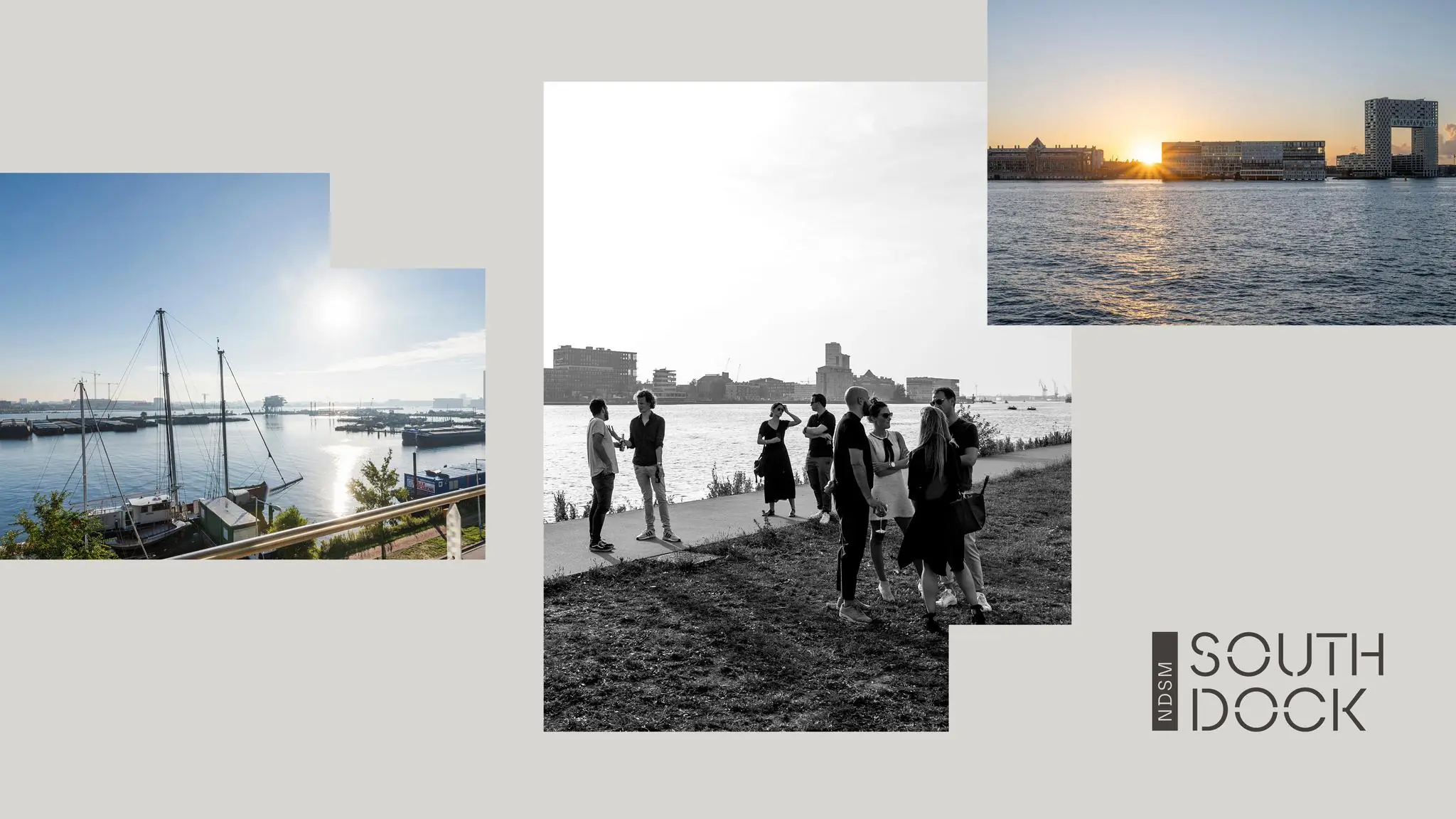 Collage van beelden van de NDSM-werf in Amsterdam met uitzicht op het water, een groep mensen en moderne architectuur bij zonsondergang, met de tekst “NDSM South Dock”.
