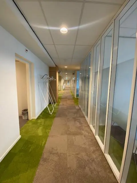 Lange gang in een kantoorpand aan de Oudlaan met glazen wanden en een vloerbedekking in groen en bruin.