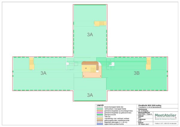 Plattegrond van de derde verdieping van een kantoor- of bedrijfsgebouw in Trondheim 2-24 te Barendrecht met aanduiding van verhuurbare ruimten 3A en 3B.