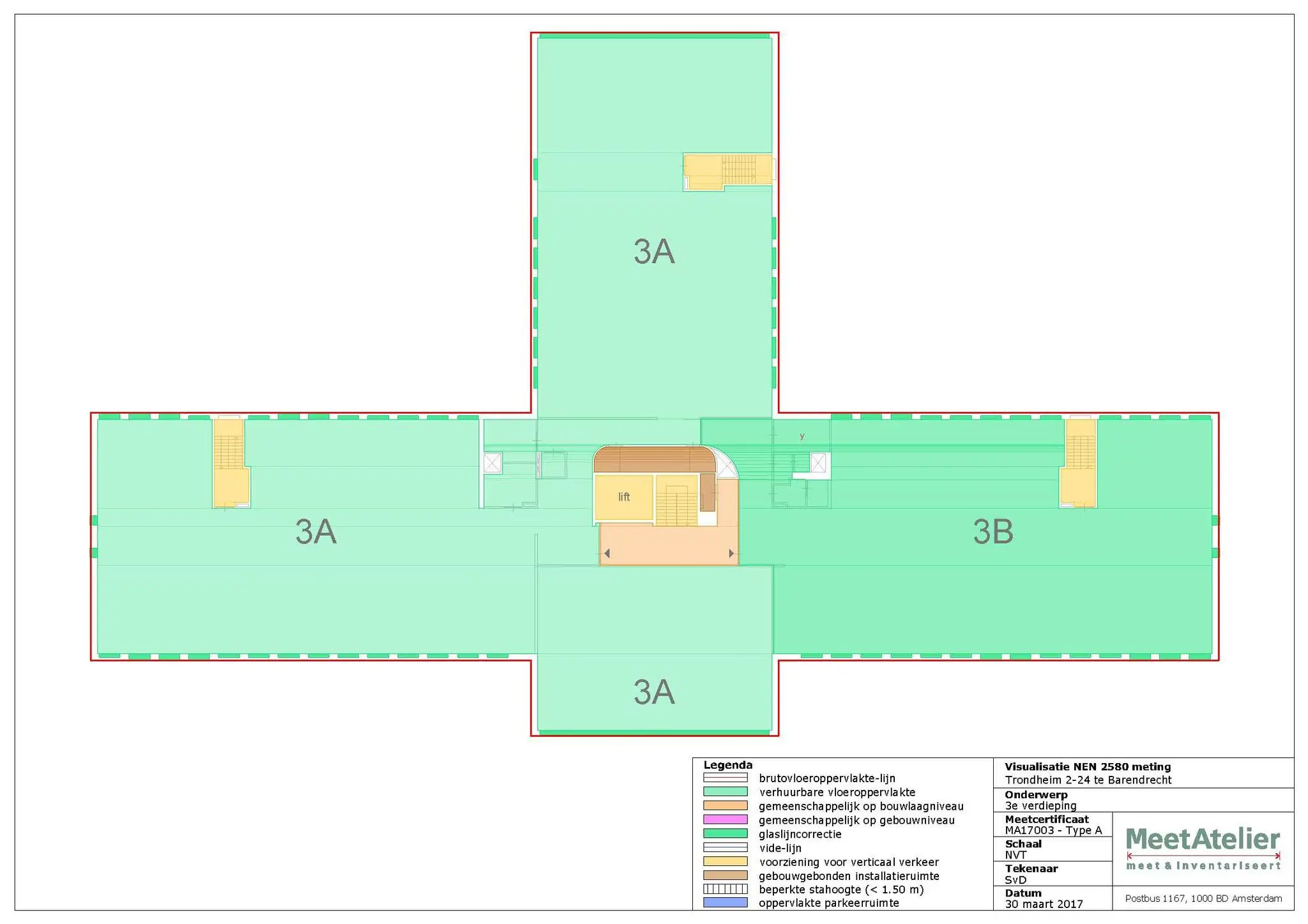Plattegrond van de derde verdieping van een kantoor- of bedrijfsgebouw in Trondheim 2-24 te Barendrecht met aanduiding van verhuurbare ruimten 3A en 3B.