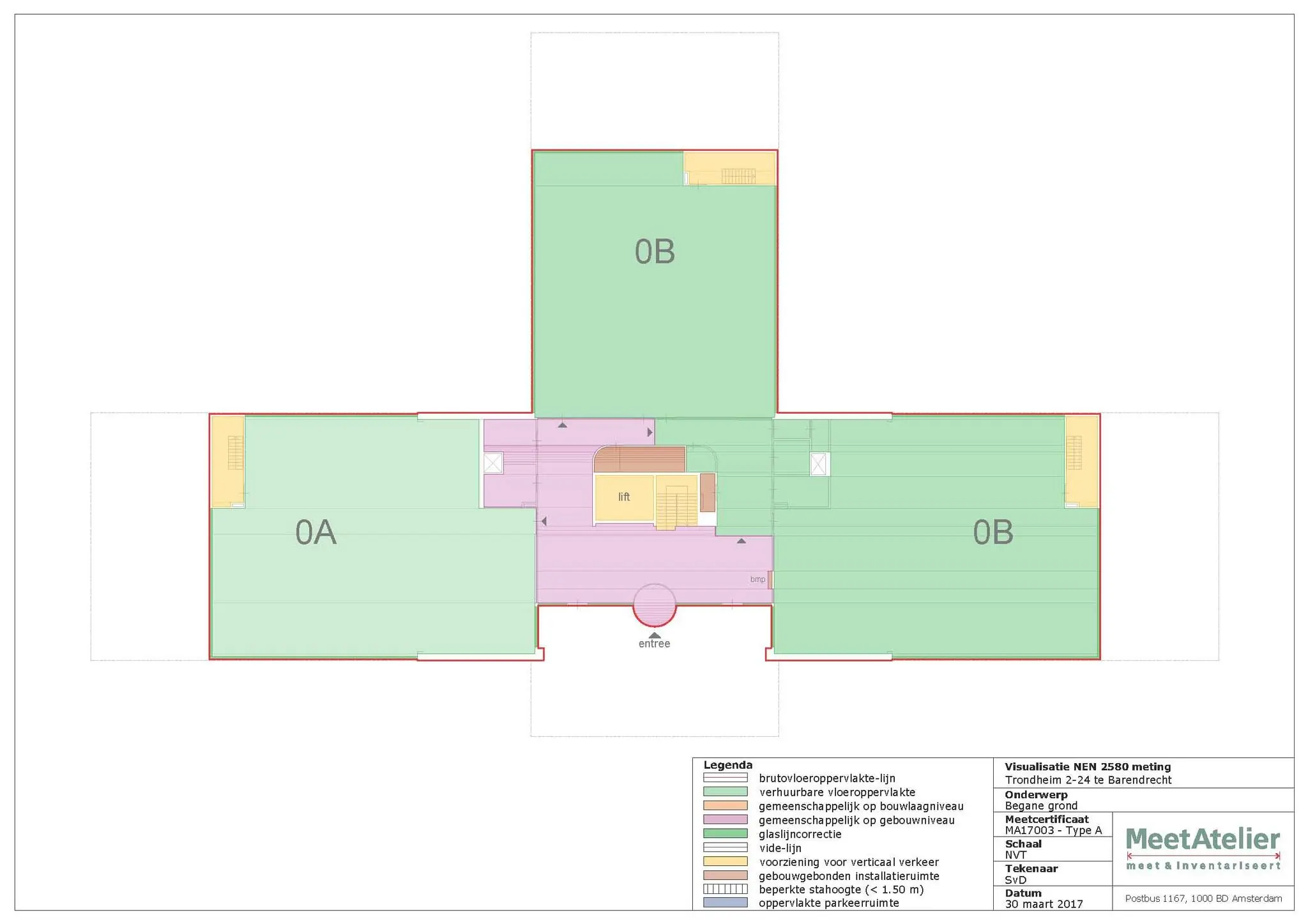 Plattegrond van de begane grond van gebouw Trondheim 2-24 te Barendrecht met ruimtes 0A en 0B.
