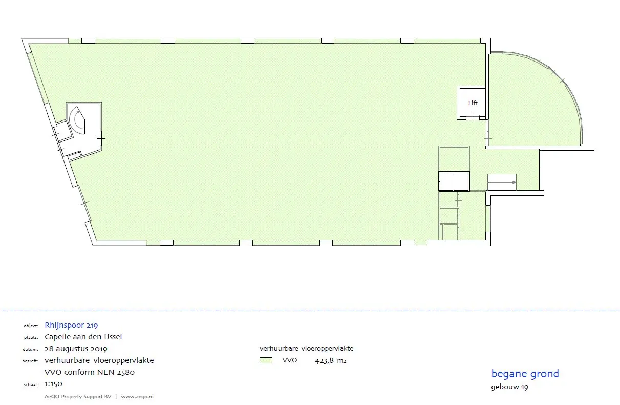 Plattegrond van de begane grond van Rhijnspoor 219 in Capelle aan den IJssel met een verhuurbare vloeroppervlakte van 423,8 m².