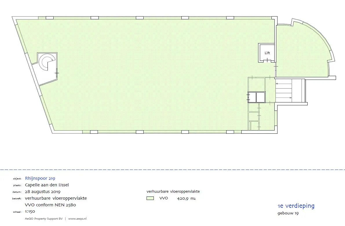 Plattegrond van de eerste verdieping van gebouw 19 aan het Rhijnspoor 219 in Capelle aan den IJssel met 420,9 m² verhuurbare vloeroppervlakte.
