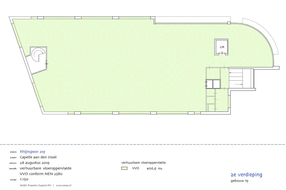 Plattegrond van de tweede verdieping van Rhijnspoor 219 in Capelle aan den IJssel met 406,9 m² verhuurbare vloeroppervlakte.